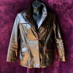 St. John leather, velvet, notch collar blazer, brown, L